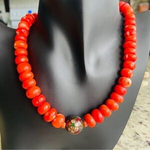 Vintage Natural Round Carved Coral & Cloisonné Bead Antique Chinese Neck…